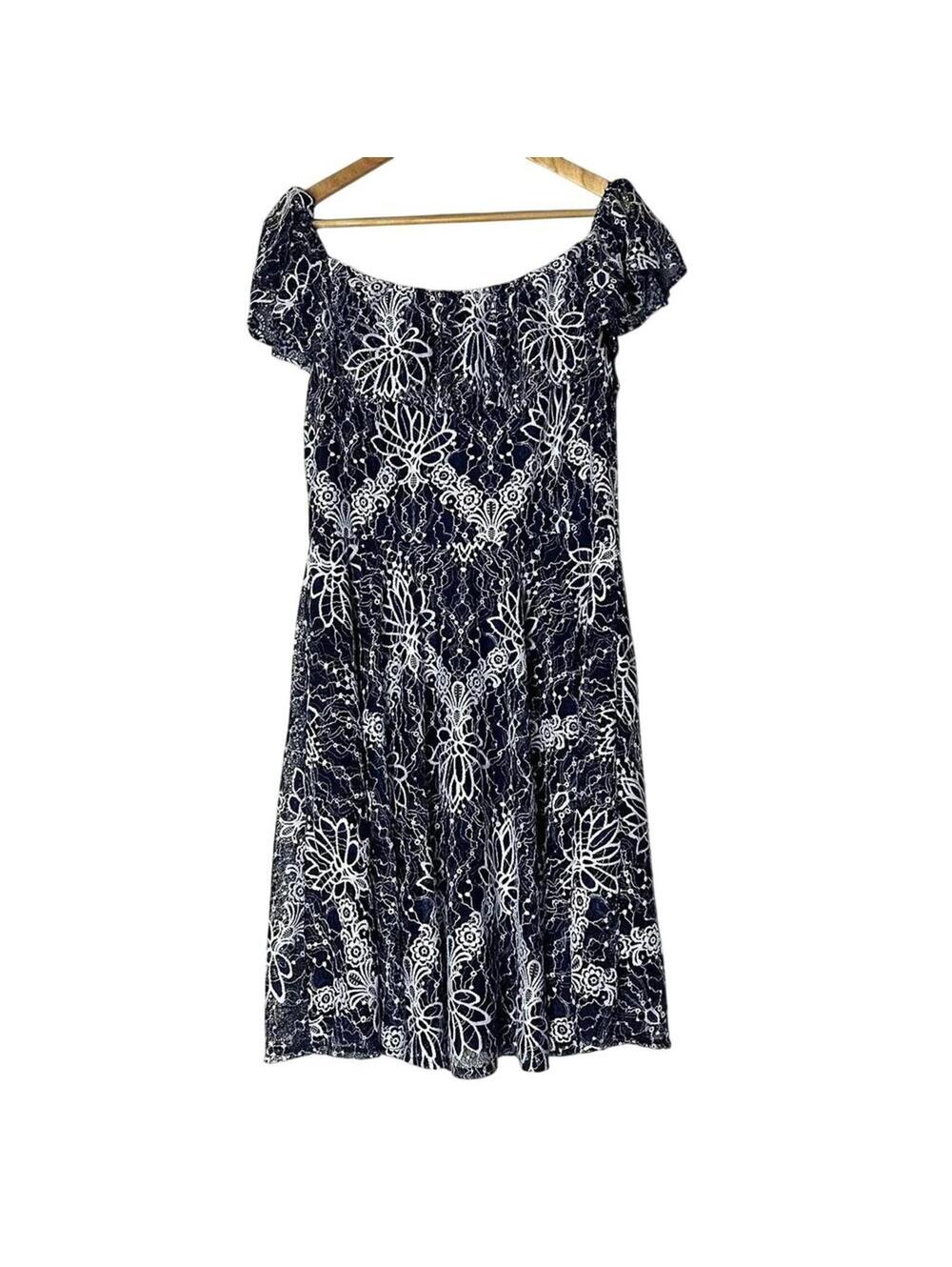 Just Taylor Blue White Floral Fit Flare Dress 12 Ruffle Cap Sleeves Lace Over